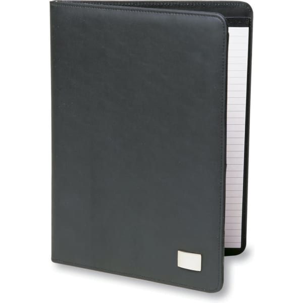 A4 pad cover in black with a smooth finish, featuring a logo and lined pages inside.
