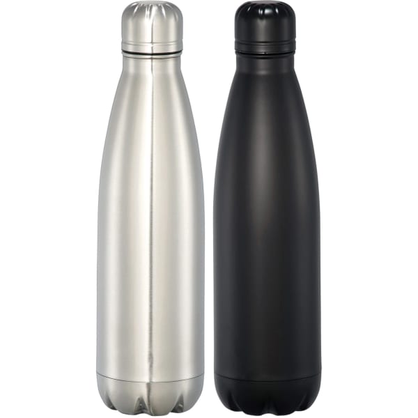 A drink bottle set featuring a shiny silver and a matte black insulated vacuum bottle, both with rounded tops and logos.