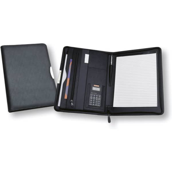 A4 portfolio in black with a solar calculator, pockets for cards, a zip section, and space for notepad.