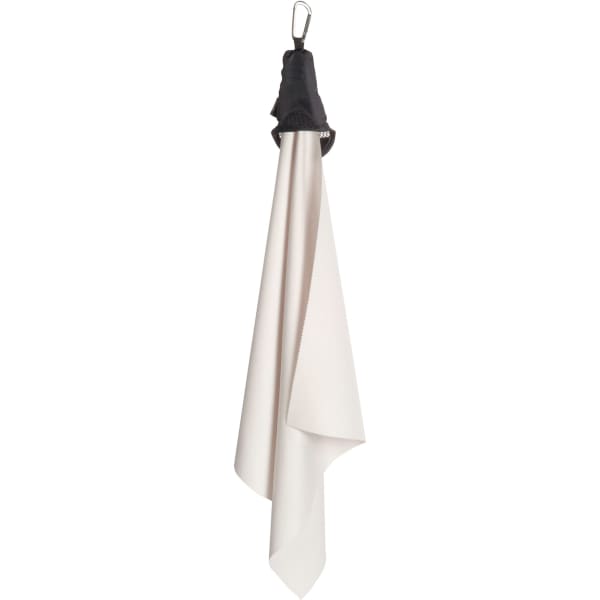 A folding towel in a soft beige shade, secured by a black clip at the top. Features a simple design.