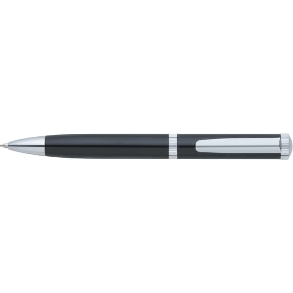 A sleek black metal ball pen with chrome accents and a logo on the body.