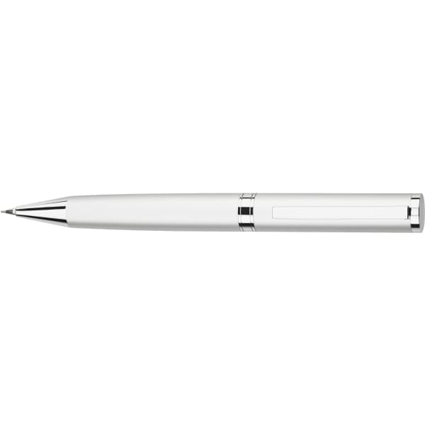 A sleek silver pencil featuring a polished chrome tip and clip, with a minimalistic design.