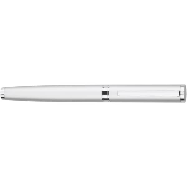 A metal roller ball pen in silver and chrome finish, featuring a sleek design and a clip for easy attachment.
