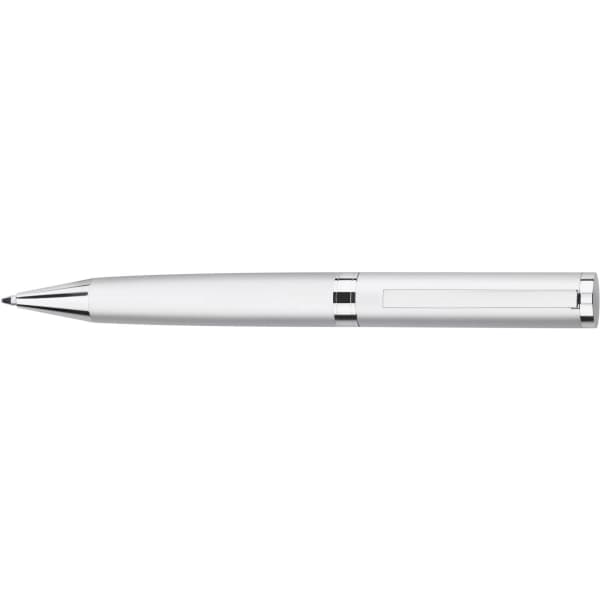 A silver metal ballpoint pen with a polished finish and a clip, featuring a logo.