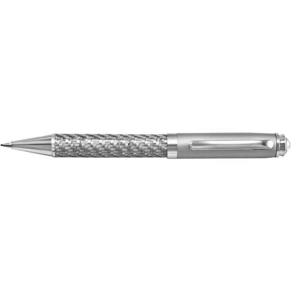 A silver pen with a carbon fibre textured grip and metal accents, featuring a clip and a shiny finish.