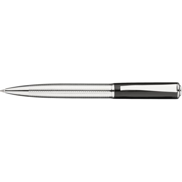 A metal ballpoint pen with a sleek black and silver design, featuring a logo on the barrel.