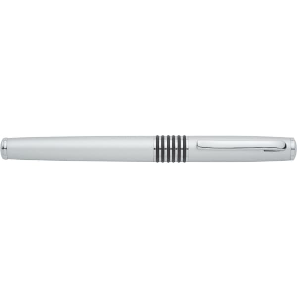 A silver metal roller ball pen featuring a textured grip and a sleek design. It includes a clip and branding.