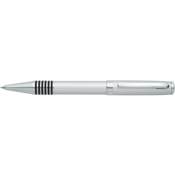A silver metal ballpoint pen with a twist action mechanism and black grip band. It includes a clip for attachment.