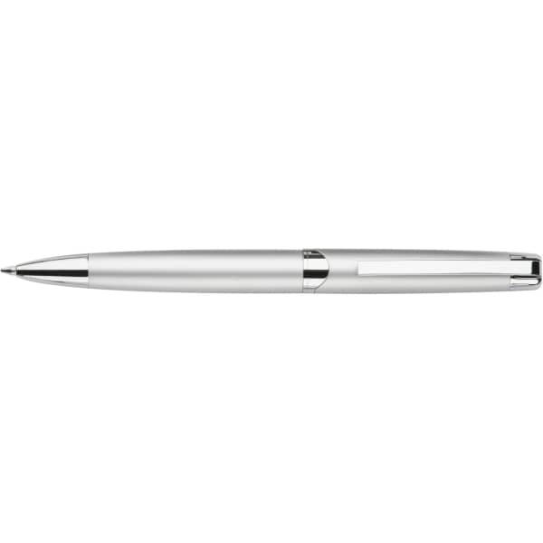 A metal ballpoint pen in silver with a twist action mechanism and a clip. Features a polished chrome tip.