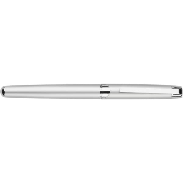 A silver metal roller ball pen with a sleek design and a polished chrome clip. It features a logo on the body.