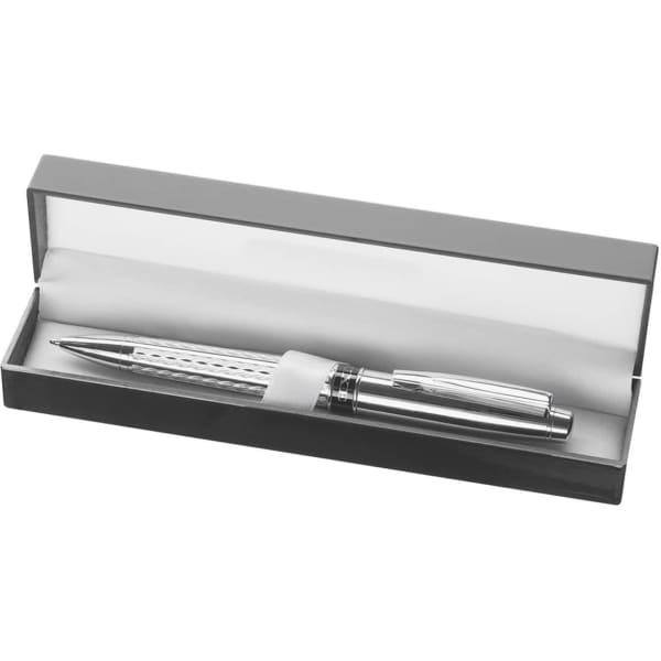 A silver pen displayed in a sleek black presentation box, featuring a soft interior.