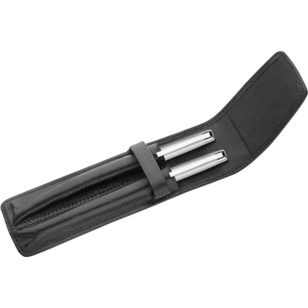 A sleek black double pen box featuring two silver pens, secured with a leather wrap.