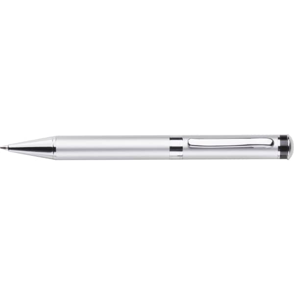 A silver twist action ballpoint pen with a sleek design and a clip, featuring a metallic finish.