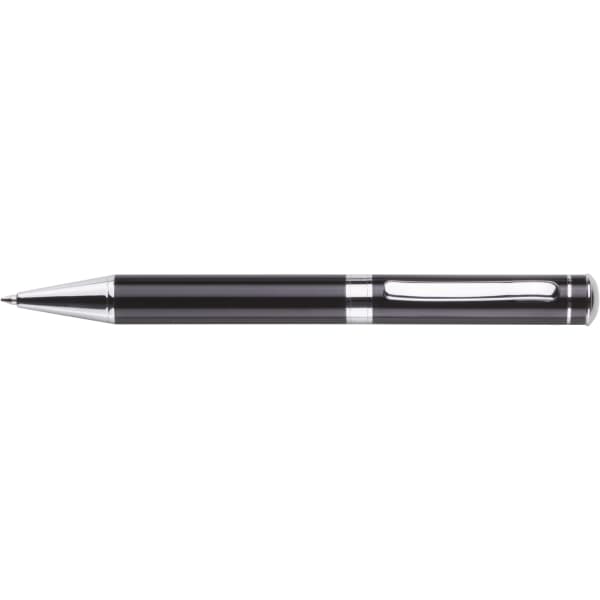 A black twist action ballpoint pen with silver accents and a sleek metal design. It features a branding logo.
