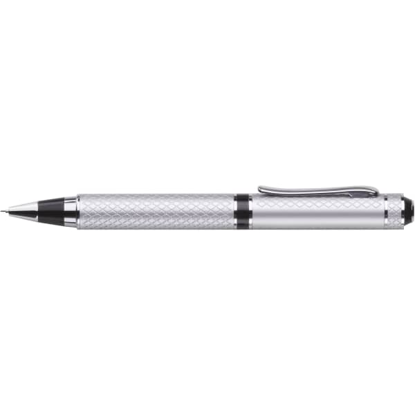 A silver twist action metal pencil with a textured grip and a chrome clip.