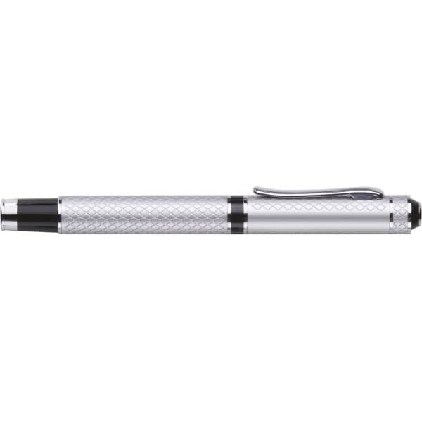 A silver metal roller ball pen with a textured grip and a clip, featuring a black tip.