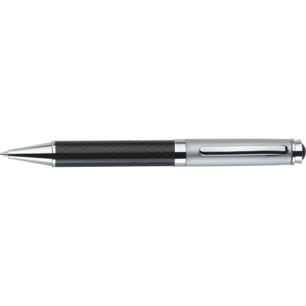 A carbon fibre ballpoint pen featuring a chrome finish and sleek design, with a logo on the side.