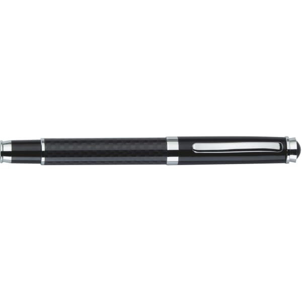 A black carbon fibre roller ball pen with silver accents and a polished clip. The pen has a sleek, modern design.