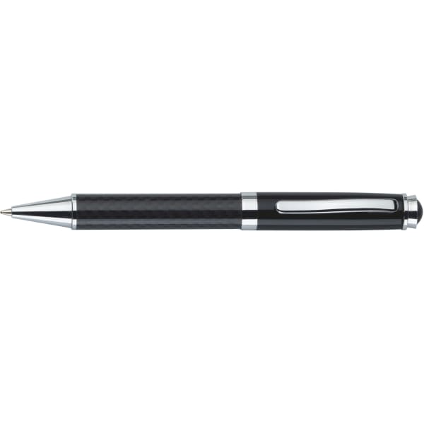 A carbon fibre ballpoint pen featuring a sleek black design with chrome accents and a logo.