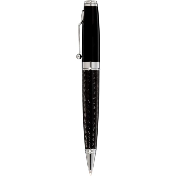 A black ballpoint pen with a metallic finish and a braided texture, featuring a clip and a logo.