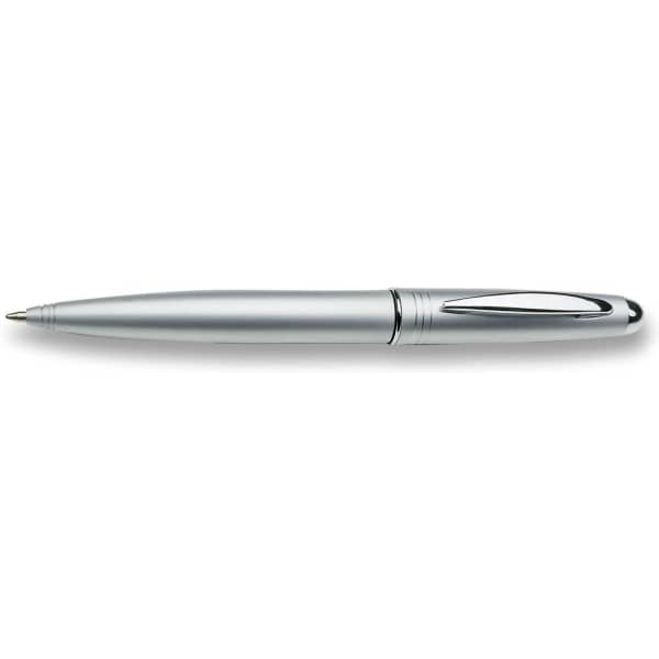 A silver ballpoint pen with a sleek metal design and a clip on the side.
