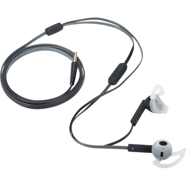 Waterproof sport earbuds in grey, featuring a flexible cable and built-in controls, with an attached 3.5mm jack.