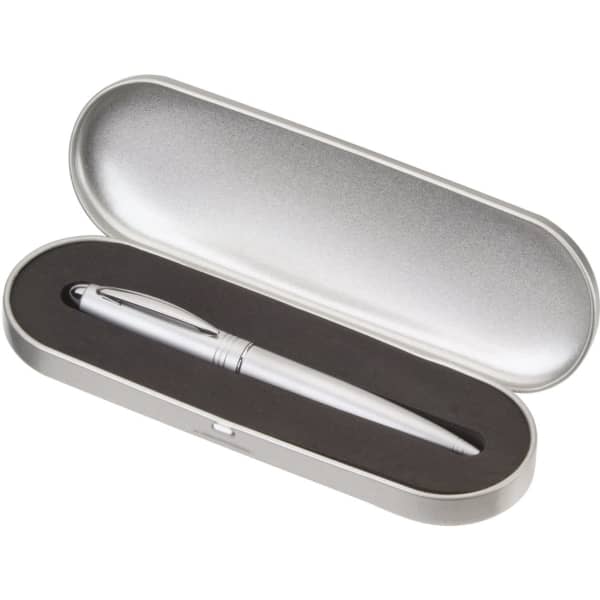 A silver metal presentation box with a black interior containing a sleek silver pen. The box has a logo on the lid.