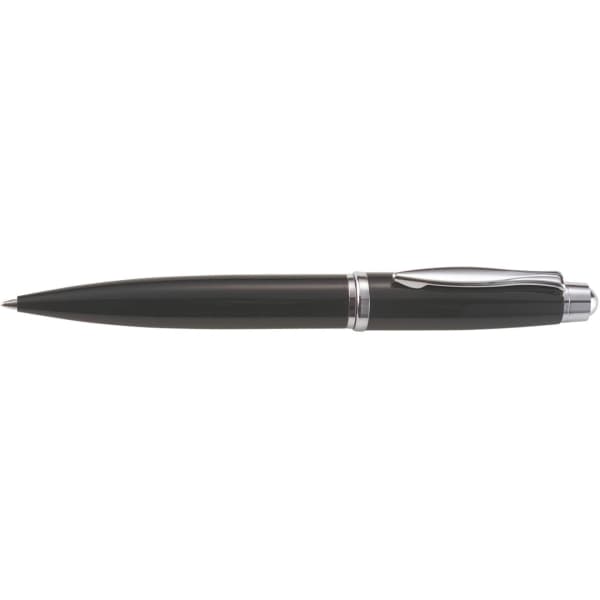 A black twist action ballpoint pen with a silver clip and detailing, featuring a sleek metal design.