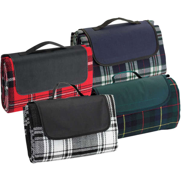 Four picnic rugs in various patterns, including red tartan and black and white check, each with a handle.