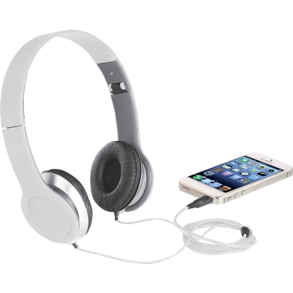 White headphones with grey accents connected to a smartphone, featuring a black ear pad and a branding logo.
