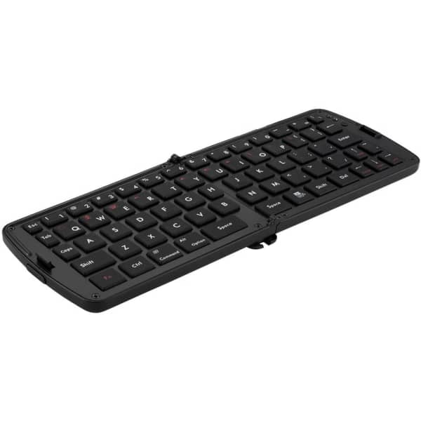 A black Bluetooth folding keyboard with a compact design and standard key layout. It features a logo.