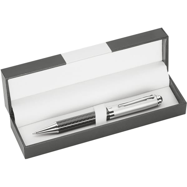 A silver pen displayed in a grey rectangular box with a white interior. The box includes a branding logo.