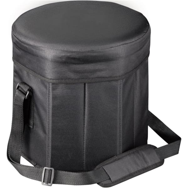 A padded, round, black cooler seat with a handle and adjustable strap. It features vertical panels on the side.