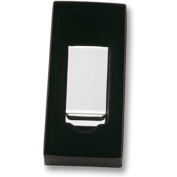 A nickel-plated money clip displayed in a black box, featuring a sleek and shiny silver finish.