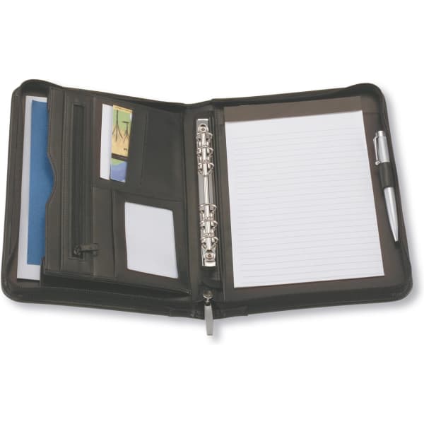A5 leather compendium in black featuring interior pockets, a notepad, and a pen. Includes branding on the cover.