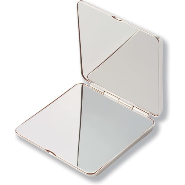 A compact mirror with a sleek silver finish, featuring two reflective surfaces inside.