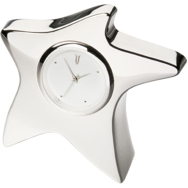 A star-shaped desk clock with a shiny silver finish and a white clock face. It features a sleek, modern design.