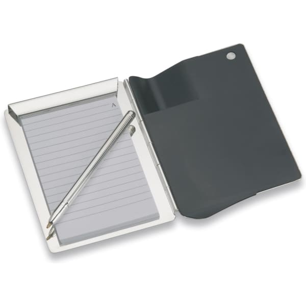 A silver pen and lined notepad sit inside a black pocket notebook. The notebook has a foldable cover and a logo.