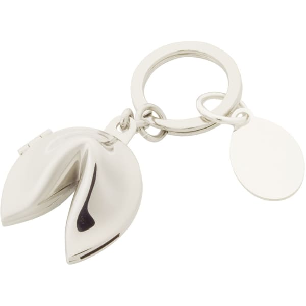 A silver fortune cookie keyring with a smooth finish and a circular keyring attachment.