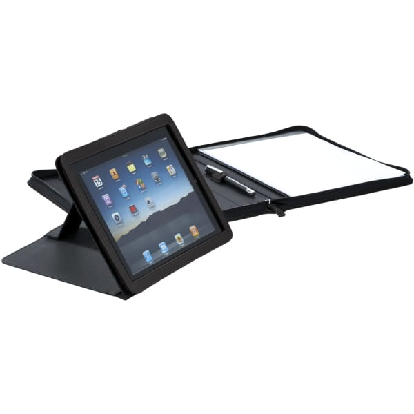 A black iPad stand padfolio with a notepad, pen, and a slot for an iPad. Includes a logo on the cover.