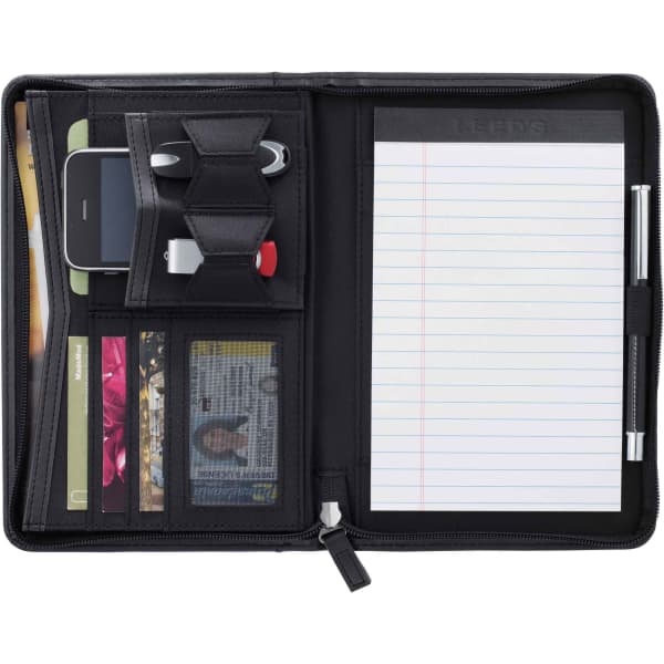 A black zippered padfolio featuring card slots, a pen loop, and a notepad holder. It includes a logo on the interior.