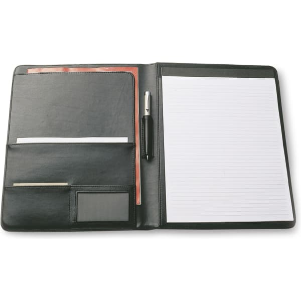 A4 pad cover in black, featuring compartments for cards, documents, and a notepad on the right side.