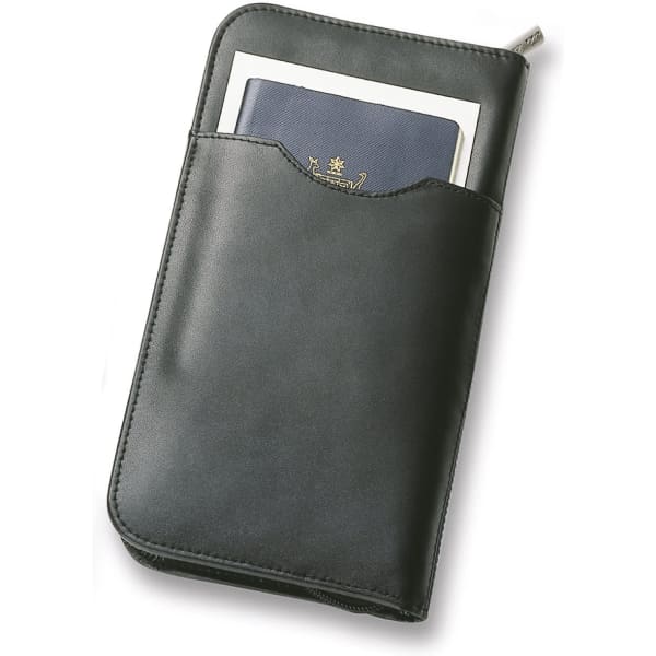 A black leather travel wallet featuring a sleek design and a pocket for a passport, with a silver pen attached.