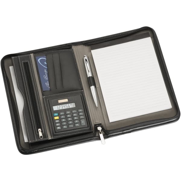 A5 zippered compendium in black, featuring a calculator, notepad, pen holder, and card slots. Includes branding.