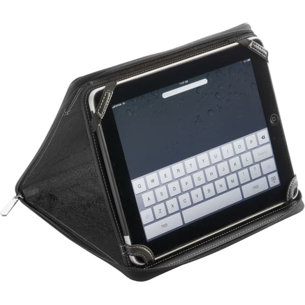 An iPad cover and stand in black, with an open design displaying a tablet and keyboard on the screen.