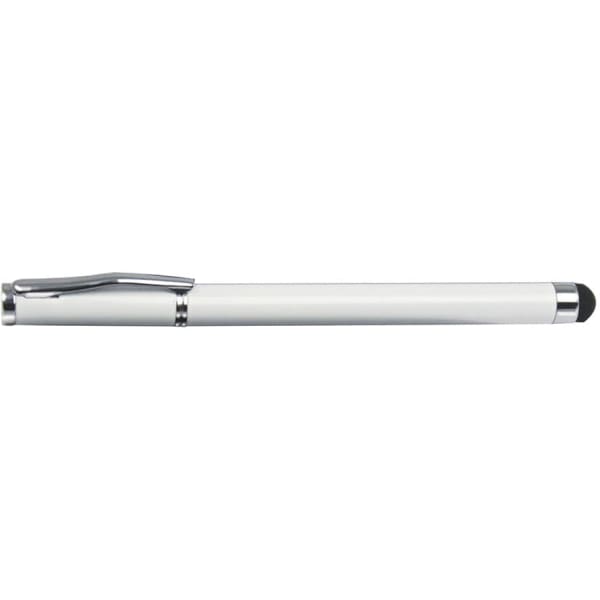 A white stylus pen with a metallic clip and a soft tip for touchscreen use. It features a shiny silver accent.