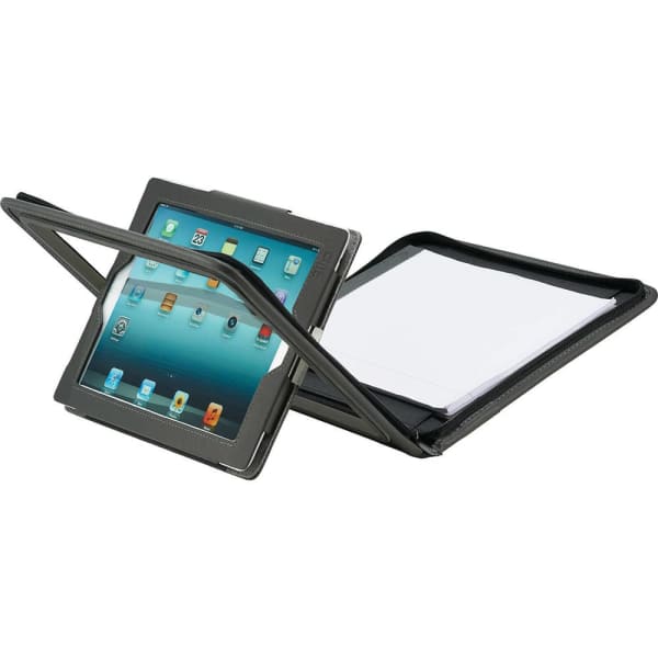 A black flip portfolio for iPad, featuring an upright tablet holder and a space for notepad or documents.