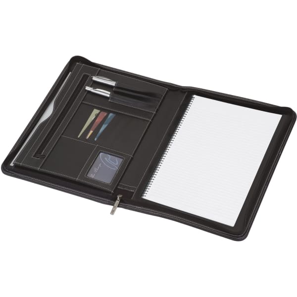 A black A4 compendium featuring a notepad, pens, and card slots, with a smooth leather-like finish.