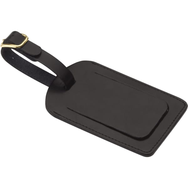 A black luggage tag with a gold buckle and a smooth surface for personalisation. It has a strap for attaching to luggage.