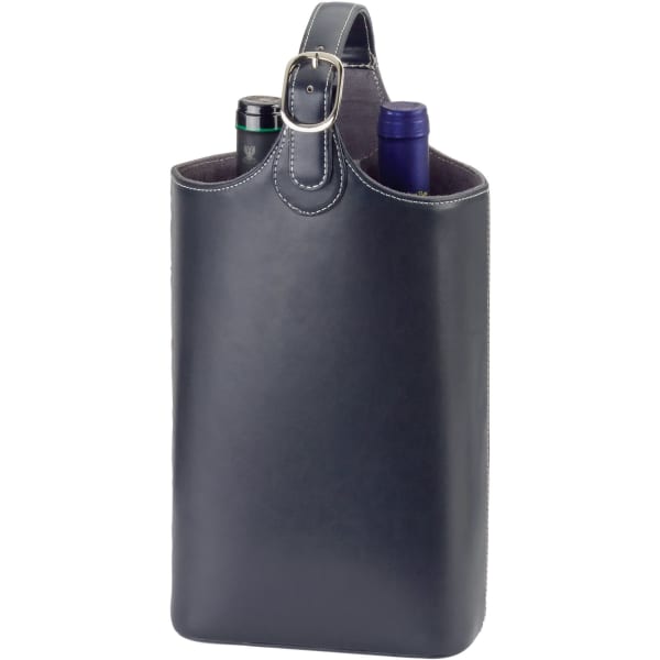A bonded leather wine carrier in black, featuring a handle and holding two wine bottles. It has a logo.
